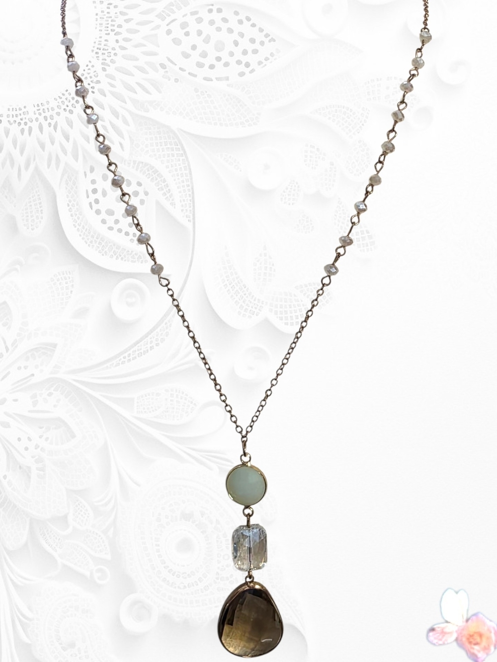 Versona Smoky Brown Teardrop & Pale Green Disc Pendant Necklace